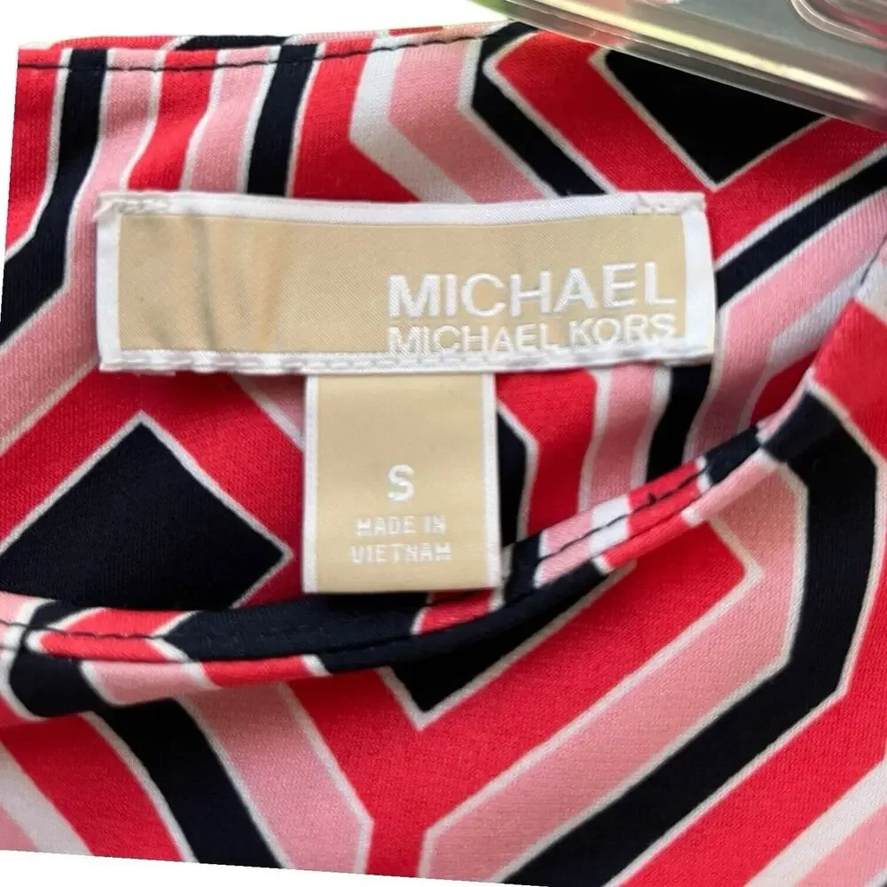 Michael Kors Coral Pink White Navy Geometric Print Sheath Long Sl Dress EUC SZ S